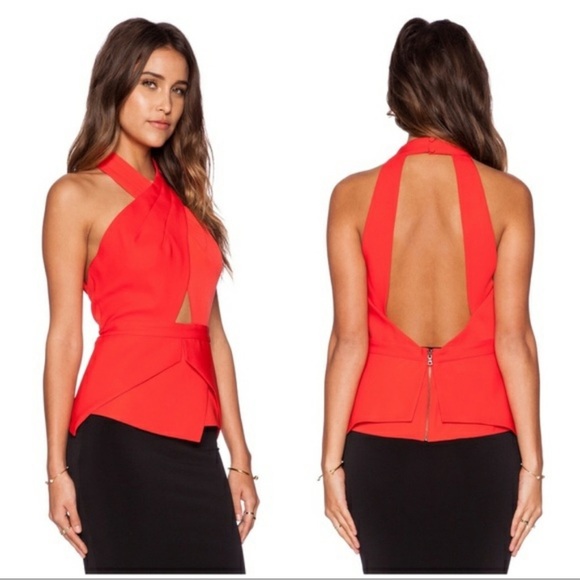 BCBGMAXAZRIA Remmie Open-Back Peplum Halter Top red - Picture 3 of 12